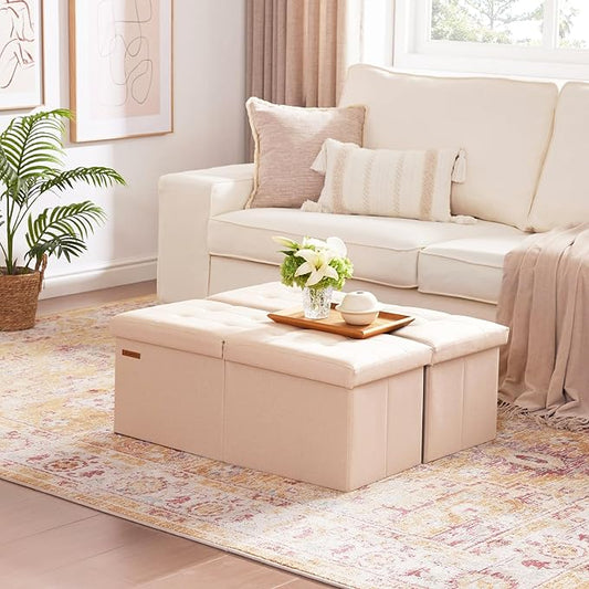 HAUSFRAU 31.5 Inches Ottoman with Storage, Folding Ottoman Small Foot Rest Stool Bedroom Bench with Flipping Lid, Linen Beige
