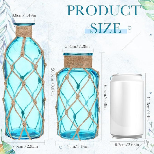 Chuangdi Set of 2 Coastal Glass Vases Christmas Vases for Flowers with Boho Rope Christmas Centerpieces for Tables Small Beach Bottle for Nautical Wedding Floral Arrangement Decorations(Aqua Blue)