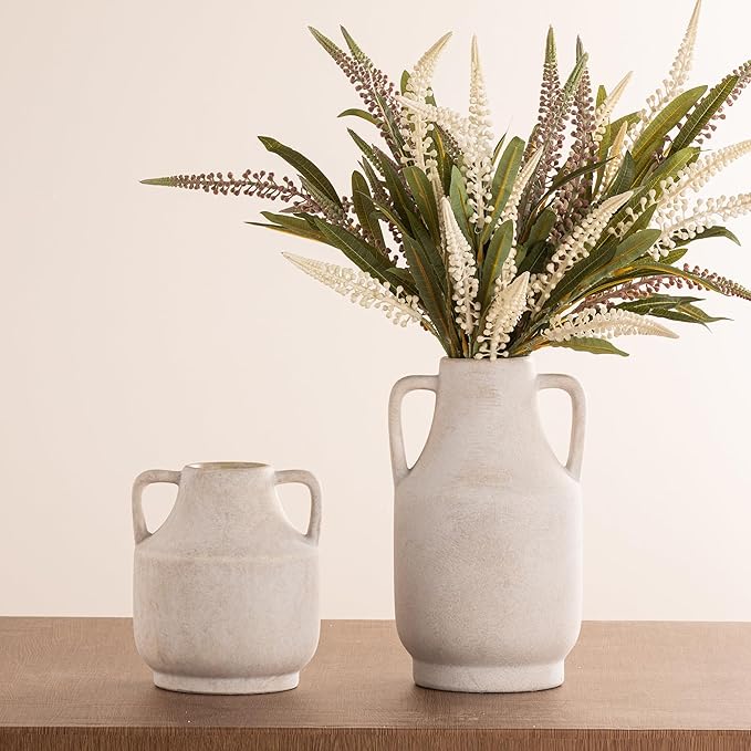 Mitt&Ditt 8" Ceramic Vase with Handles – Off-White Farmhouse Rustic Pottery for Home Decor