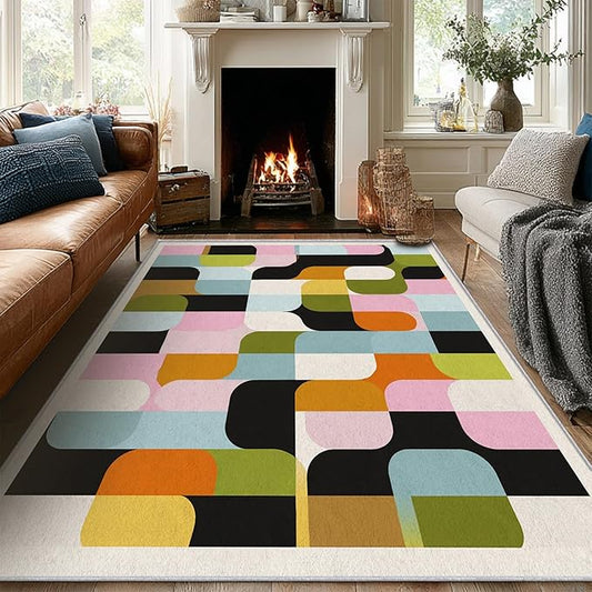 Mid Century Rug 8x10 Retro Abstract Geometric Pattern, Washable Living Room Bedroom Large Area Rugs, Mid Century Decor for Home, Soft Non Slip Indoor Carpet, Low Pile Design & G846