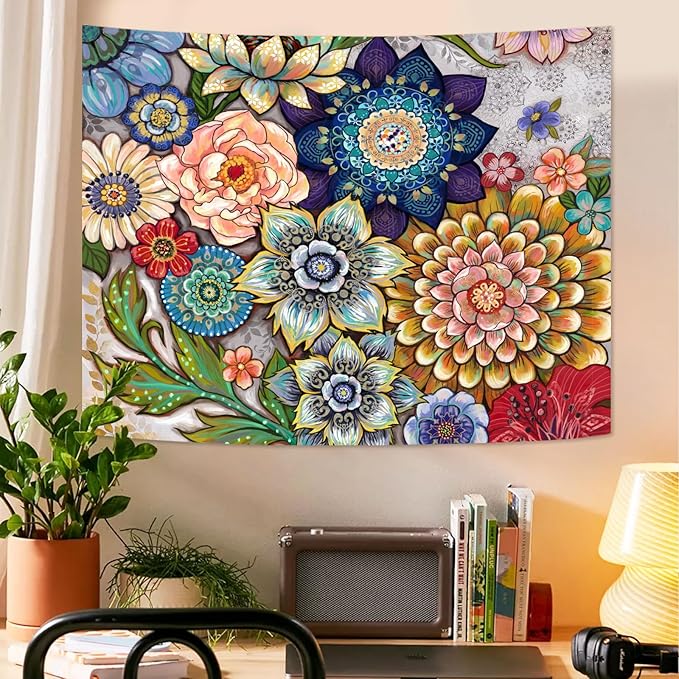 Neasow Colorful Floral Tapestry Wall hanging, Bright Boho Fabric Blossom Tapestries, Multi Color Tapestry for Bedroom Home Hippie Wall Decor 36×48 inch