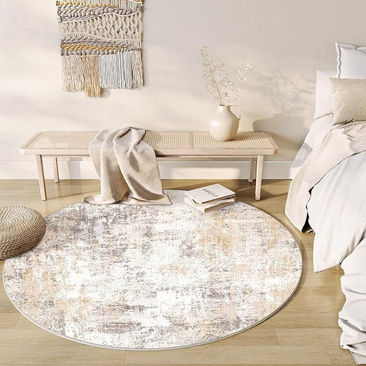 4x4 Washable Round Rug Beige Grey Abstract Entryway Area Rug Neutral Modern Non Slip Soft Low Pile Carpet for Bathroom Kitchen Living Room Bedroom Entrance
