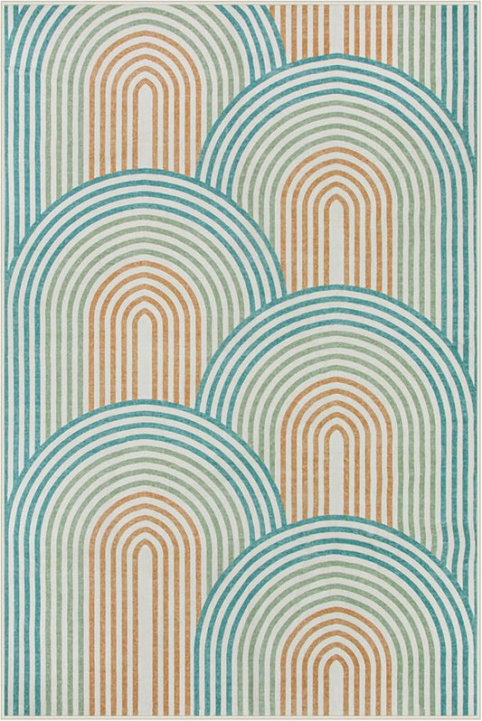 Moynesa Abstract Rainbow Washable 4x6 Rug, Ultra-Thin Soft Boho Area Rug for Playroom Bedroom Non Slip, Mid Century Modern Colored Orange Green Indoor Carpet for Living Room Office Kitchen
