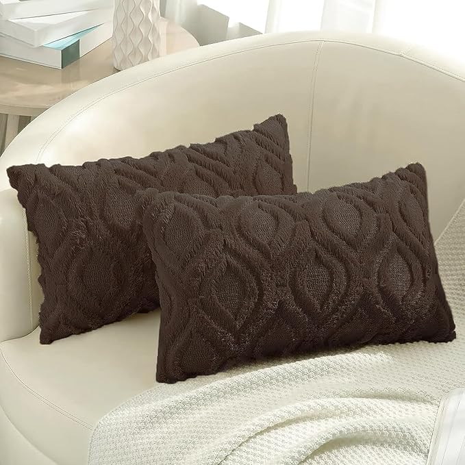 decorUhome Spring Throw Pillow Covers 12x20 Inch Set of 2, Soft Plush Faux Wool Brown Solid Couch Pillow Covers, Accent Farmhouse Neutral Square Pillow Cases for Sofa Bed Living Room