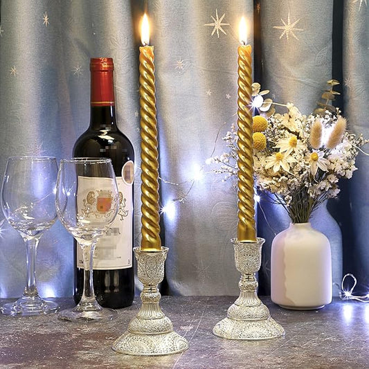 OwnMy 2PCS Brass Taper Candle Holders Candle Stick Holders Set Vintage Metal Pillar Candlestick Holders, 4”H Elegant Candle Stand Candelabra for Dining Table Centerpieces Wedding Home Decor, Silver