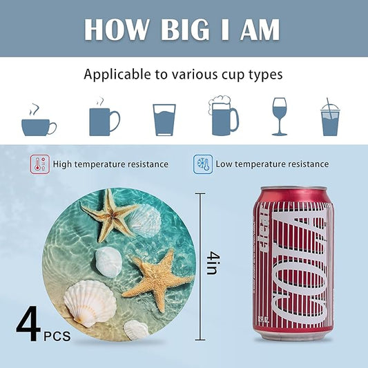 Coasters for Drinks,Starfish and Seashell On Beach Absorbent Coaster Set of 4 with Cork Base,Ceramic Drink Coasters for Cold Drinks Wine Glasses Cups Mugs,Housewarming Gifts for Home Decor