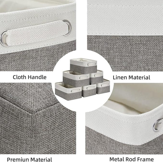 HNZIGE Small Organizer Bins for Shelf,Small Fabric Collapsible Baskets for Organizing Nursery Linen Canvas,Set of 6 Decorative Storage Basket for Storage Closet Toy(White&Gray, 11.8" x 7.8" x 5.1")