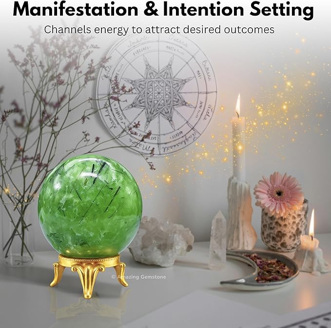 Amazing Gemstone Prehnite Crystal Ball with Stand - 1.5 Inches Crystal Sphere Meditation Balls for Witchcraft and Decorative Balls