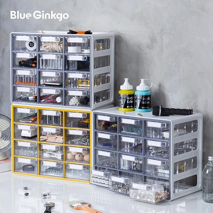 Blue Ginkgo 12-Drawer Clear Stackable Organizer Cabinet – Hardware, Beads & Craft Storage (Blue, Made in Korea)