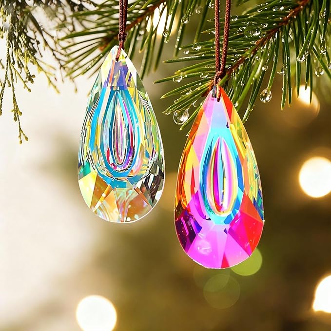 HDCRYSTALGIFTS 2pcs 89mm Hanging Crystal Prisms Suncatchers, Sun Catcher Indoor Window Rainbow Maker Crystals for Home Garden Decor Glass Ornaments for Christmas Tree