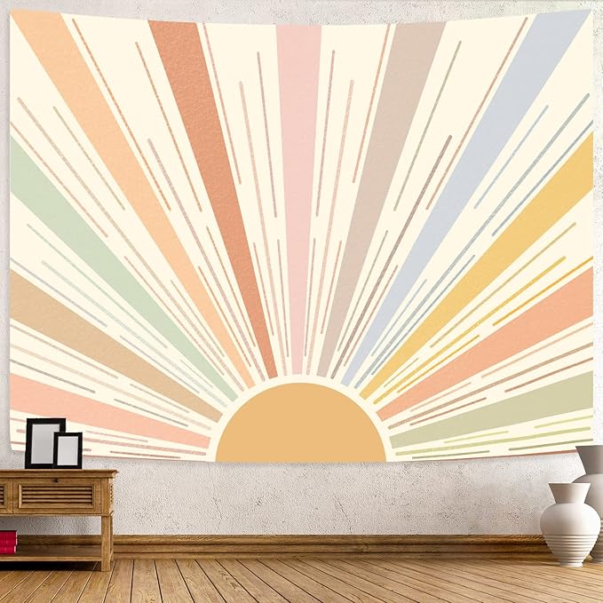 Kanuyee Boho Sun Tapestry Wall Hanging, Retro 70s Abstract Striped Aesthetic Sunrise Vintage Tapestries for Bedroom Living Room 44×60 inch