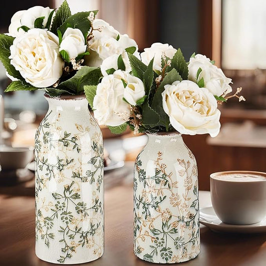 2 Pcs Vintage Ceramic Flower Vase Chinoiserie Antique Floral Vase Rustic Boho Farmhouse Decor for Home Table Bookshelf Aesthetic Centerpiece Gift (6.1 Inches/7.8 Inches)