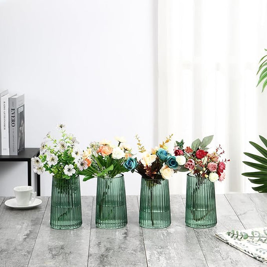 Green Glass Vases Set of 4, Small Vases for Flowers, Flower Vase for Bouquet, Modern Ribbed Glass Vase for Living Room, Bedroom, Dining Table, Office, Wedding, Centerpieces