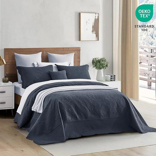 HZ & HY Oversized King Bedspread 128x120 Extra Wide, Ultrasonic Coverlet Bedding Set, Lightweight Thin Comforter, Reversible, 5 Piece, 100% Microfiber, Navy Blue