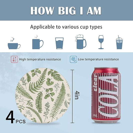 Drink Coasters Set of 4,Botanical Leaves and Plants Vintage Coasters for Drinks Ceramic Coasters with Cork Bottom for Kinds of Mugs and Cups,Home Decor,4''