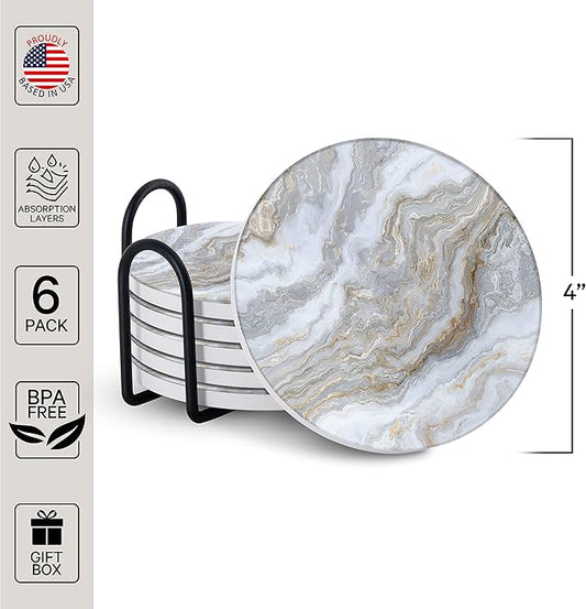 Emerson Coasters for Drinks Absorbent – Natural Stone Drink Coasters Set with Holder, Coasters for Coffee Table, Wooden Tabletop Protection Marble Style – 100% Heavy Duty Set of 6 (Sky)