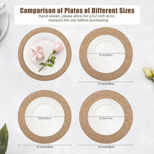 12 Inch Round Woven Placemats Set of 6, Natural Jute Braided Placemats, Boho Farmhouse Place Mats, Heat Resistant, Sound Table Mats for Dining Table, Kitchen, Outdoor, Home Decorations, Wedding