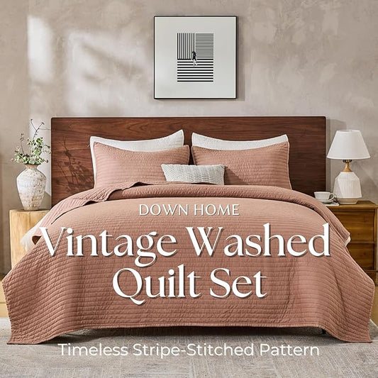 DOWN HOME King Quilt Bedding Set with Shams, Vintage Washed Soft Quilted Blanket Thin Comforter Lightweight Bedspread Coverlet Bed Cover, Brushed Microfiber Stripe Stitching, Desert Blush, 104"x90"