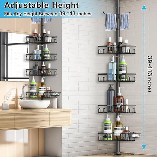 Corner Shower Caddy Tension Pole 4 Tier Adjustable Stainless Steel Shower Shelf for Inside Shower Bathtub Shampoo,Standing Bathroom Organizer Shelves with 39 to 113 inch Height