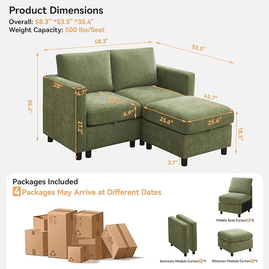 58”Modular Sectional Loveseat Sofa with Storage, Comfy Office L Shaped Sofa Couch, Chenille Love Seat Modular Sectional Couch with Movable Ottoman for Living Room, Bedroom, Green
