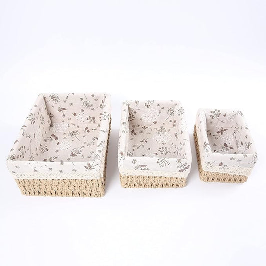 YRMT Storage Baskets Set of 3,Decorative Paper Rope Woven storage Baskets with Liner,Rectangular Storage Bins Container for Makeup Bedroom Shelves Organizing,Home Deco, Beige