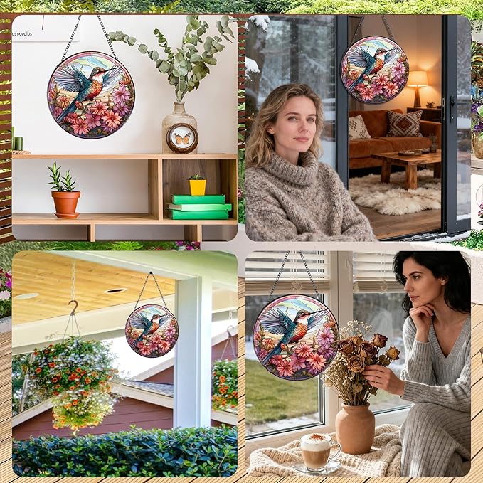 Rngmsi Hummingbird Flower Stained Glass Window Hanging, 7.8″ Sun Catchers with Hook Indoor Window Decor, Decorative Suncatchers Home Garden Art Gift for Bird Lovers Housewarming