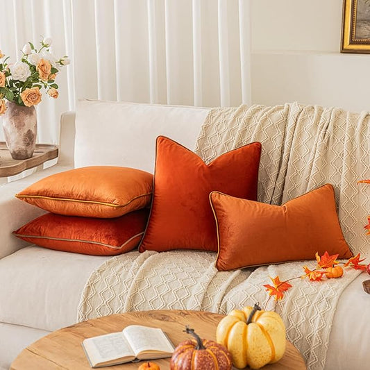 LIGICKY Set of 2 Fall Pillow Covers Rust Velvet Throw Pillow Covers Decorative Modern Autumn Rope Edging Soft Square Cushion Cases for Sofa Bedroom Party Décor, 18 x 18 inch