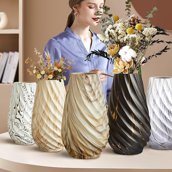 Ribbed Ceramic Vase 10 Inch | Milk Pattern Boho Fluted Vase for Pampas Grass & Home Decor