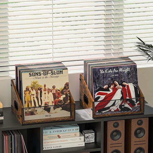 2-Pack Vinyl Record Storage, Record Box Case Crate with Handle, Vinyl Record Holder, Desktop Metal & Wooden LP Record Crate, Easy to Assemble