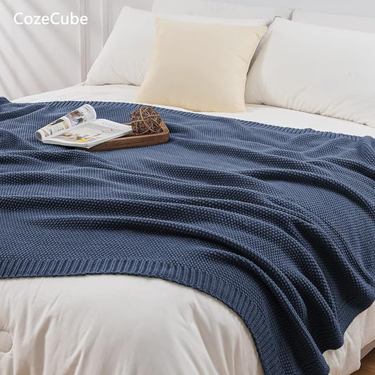 CozeCube Blue Throw Blanket for Couch, Soft Cozy Cable Knit Throw for Bed Sofa Living Room, Lightweight Warm Decorative Farmhouse Christmas Blanket, 60"x80", Dusty Blue