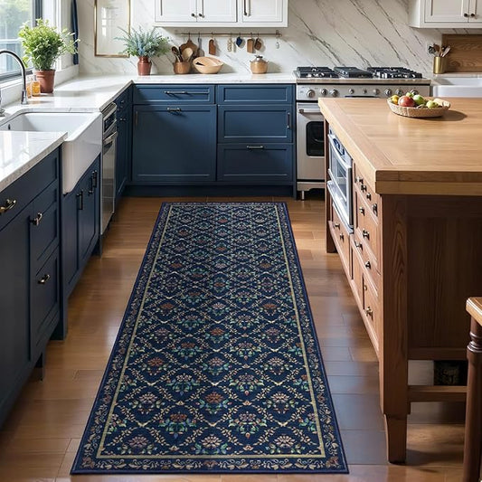 Tangsoo 2x6 Washable Runner Rug for Hallways, Non Slip Blue Floral Carpet Runner, Soft Low Pile Floor Carpet Runner for Kitchen, Laundry, Bedroom, Bathroom, Living Room Home Decor