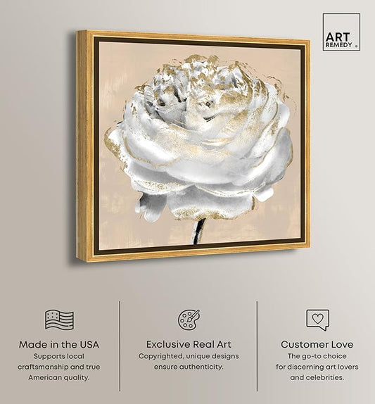 Art Remedy Beige Ranunculus Canvas Elegant White Gold Wall Art, Gold Frame, 40" x 40"