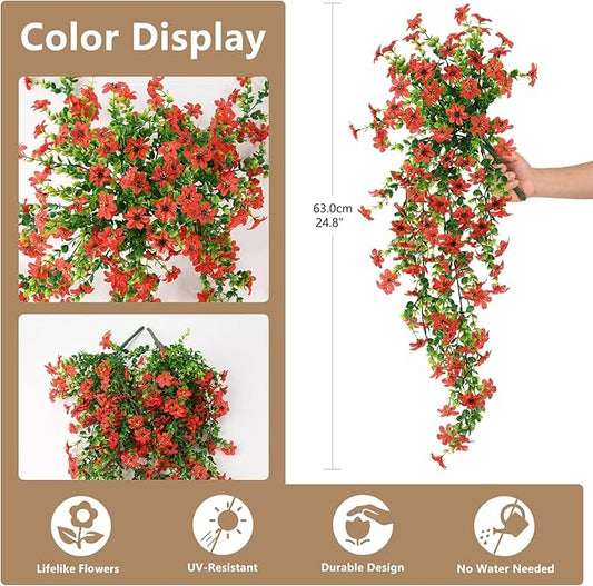 Artificial Hanging Flowers for Outdoors, 2 Pcs Fake Hanging Plant Spring Summer Decor, UV Resistant No Fade Realistic Faux Flower for Front Door Porch Planter Patio Garden Yard (Red)