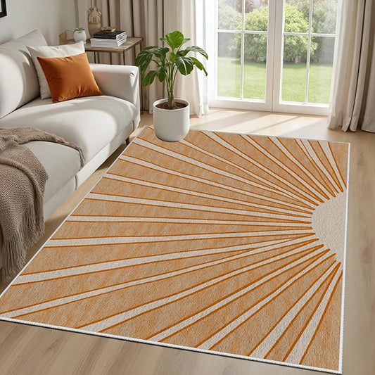 Boho Sun Print Area Rug for Living Room 7x9, Modern Abstract Non-Slip Washable Rugs, Soft Stripe Minimalism Carpet for Bedroom, Nursery, Entryway, Dining Room & Office Decor, Orange White
