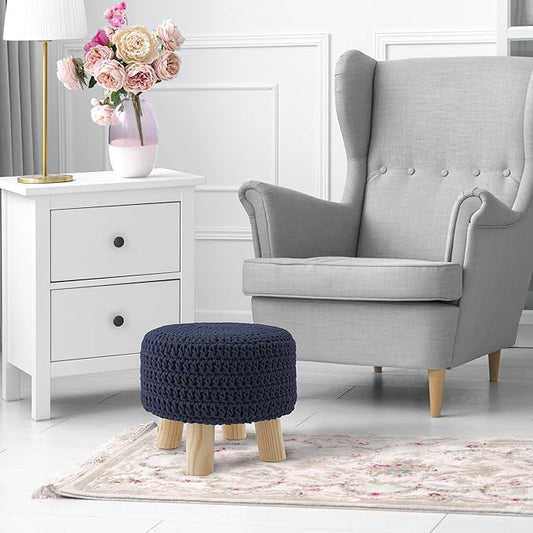 Casafield Pouf Ottoman Footstool, 13" Round x 11" High, Hand-Knitted Cotton Footrest, Non-Skid Wood Legs, Boho Foot Stool for Living Room, Bedroom (Navy Blue)