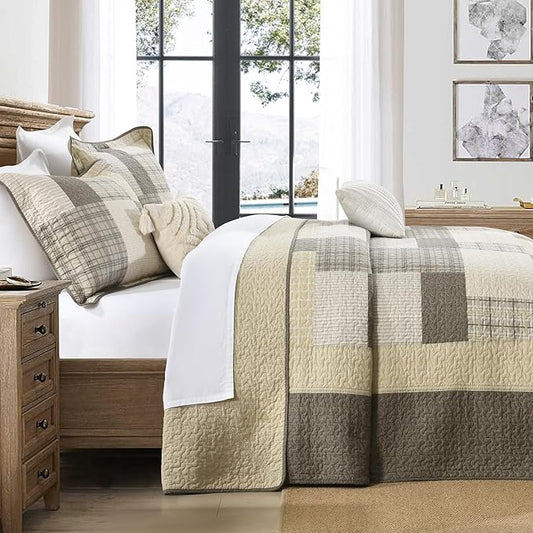 Oversized Bedspread Quilt 120x120-100% Cotton Plaid King Bedspreads Coverlet, Farmhouse Quilted Bedding Cover for All Season, Reversible, Lightweight, 3 Piece, Brown/Beige