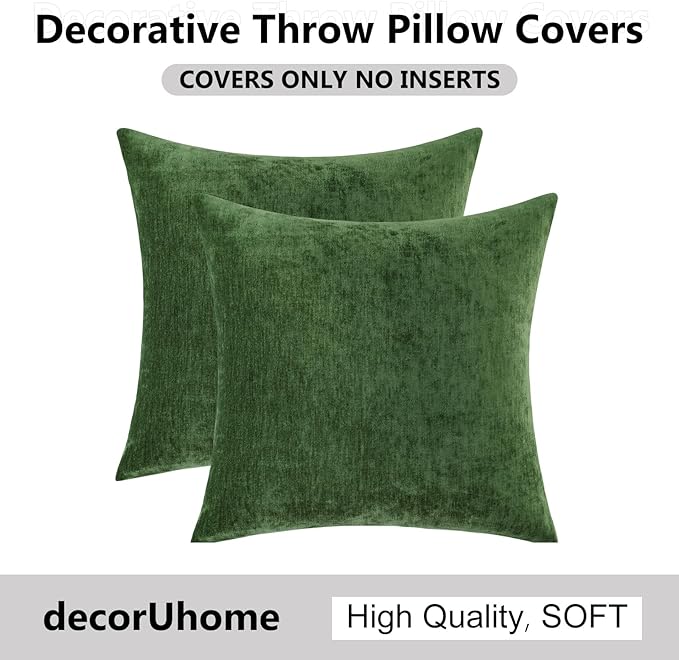 decorUhome Chenille Moss Green Spring Throw Pillow Covers 22x22 Inch Set of 2, Decorative Soft Couch Pillow Covers Solid Dyed Accent Farmhouse Neutral Square Pillow Cases for Sofa