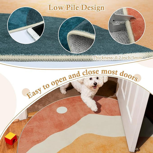 5 ft Abstract Round Rugs for Bedroom, Washable Non-Slip Circle Rug, Soft Colorful Low-Pile Floor Mat, Lightweight Indoor Throw Rugs for Living Room, Kidsroom, Entryway, Dining Room, Foyer