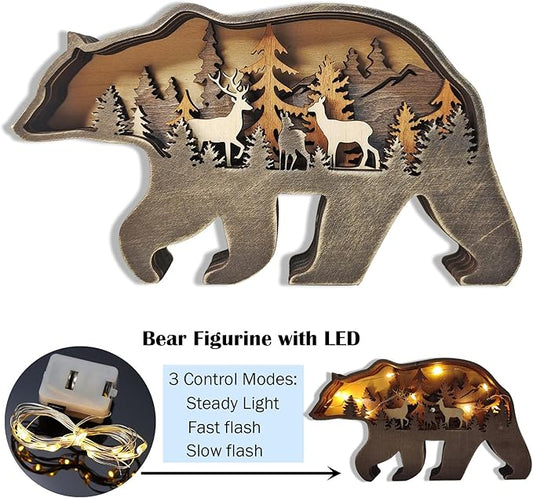 Light Up Bear Art Decor Wooden Brown Bear Figurine with LED Home Shelf Desk Decorations Rustic Multi-Layer Bear Crafts