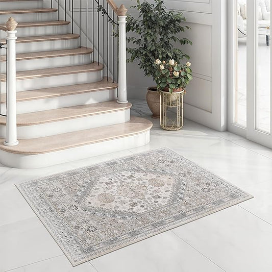 zesthome 2x3 Entryway Rug, Soft Washable Rugs, Non Slip Area Rug, Stain Resistant Low Pile Rugs for Bedroom, Vintage Rug for Door Mat, Kitchen (Beige,2'x3')