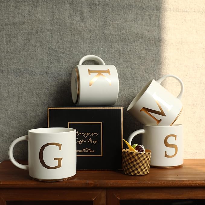 COLLECTIVE HOME - Monogram Ceramic Mugs, 15 oz Golden Initial Coffee Cups, Elegant Alphabet Tea Mugs, Elegant Personalized Mug with Gift Box, Unique Mug with Double Side Capital Letter (G)