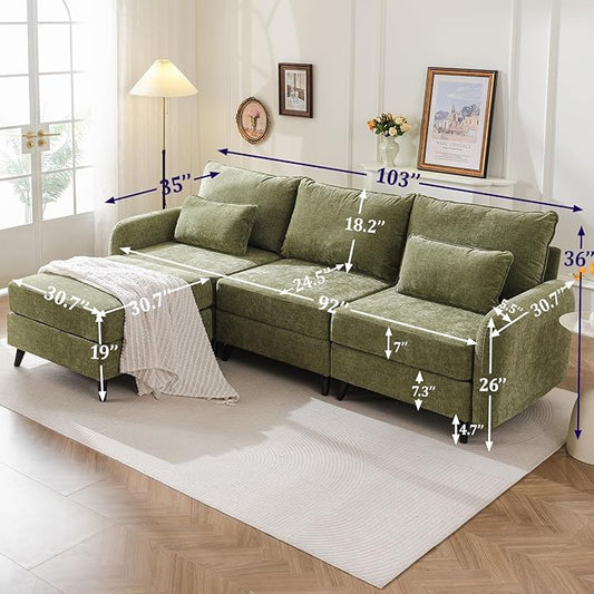 104'' Modular Sectional Sofa with Seats Storage,Oversized L Shaped Couch with Deep Seat,3-Seater Comfy Cloud Couches for Living Room, Movable Ottoman,Chenille,Green