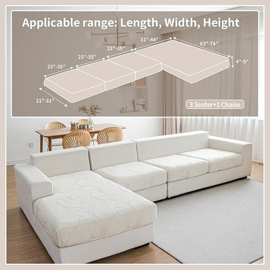 Couch Covers for Sectional Sofa, Washable Stretch Soft Sofa Cushion Covers L Shape Sofa Slipcovers Anti Slip Furniture Decor Protector for Pets (3 Seaters Covers+1 Chaise Cover,Ivory)