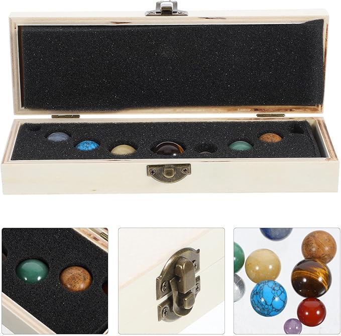 Garneck Mineral Nine Planets Solar System Decor Set with Natural Crystal Spheres, Round Planet Stones Desktop Adornments for Science Education and Home Display in Wooden Box