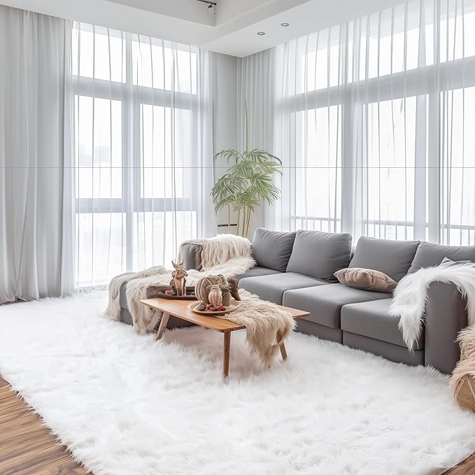 Super Area Rugs 5X7 White Shaggy Rug for Bedroom - Faux Fur Fluffy Carpet - Bright White Color for Living Room - Machine Washable Easy Care & Soft Feel