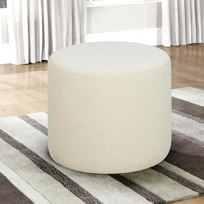 Lifestyle Solutions 19” Wentworth Ottoman Round Elegant Boucle Fabric, Stationary Ottomans, Backless Chair, Footrest for Living Room, Footstool Office, Bedroom, Padded Seat, Snow White Ivory