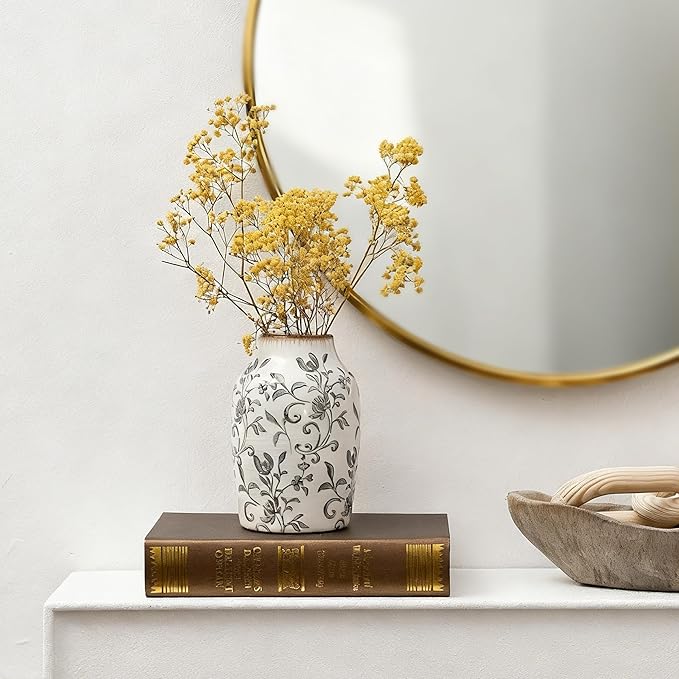 SIDUCAL 7" Ceramic Vintage Vase – Chinoiserie Gray Floral Ice-Cracked Glaze | Farmhouse Home Decor