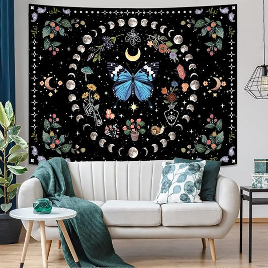 Aipon Blue Butterfly Moon Flower Tapestry Botanical Boho Plant Floral Tapestry for Bedroom Aesthetic Hippie Vintage Tapestries Wall Hanging for Living Room Dorm (60.00'' × 80.00'', Blue)