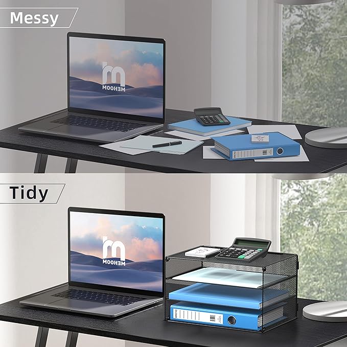 DALTACK 3 Tier Letter Tray Paper Organizer Mesh Metal Desk File Organizer for Home & Office Organization, 2 Pack Black