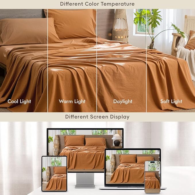 MooMee Bedding Sheet Set 100% Washed Cotton Linen Like Textured Breathable Durable Soft Comfy (Solid Burnt Orange, Twin)